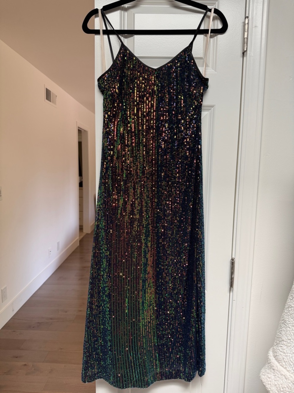BCBGeneration Black Sequin Slip Dress with Multicolor Iridescent Shine